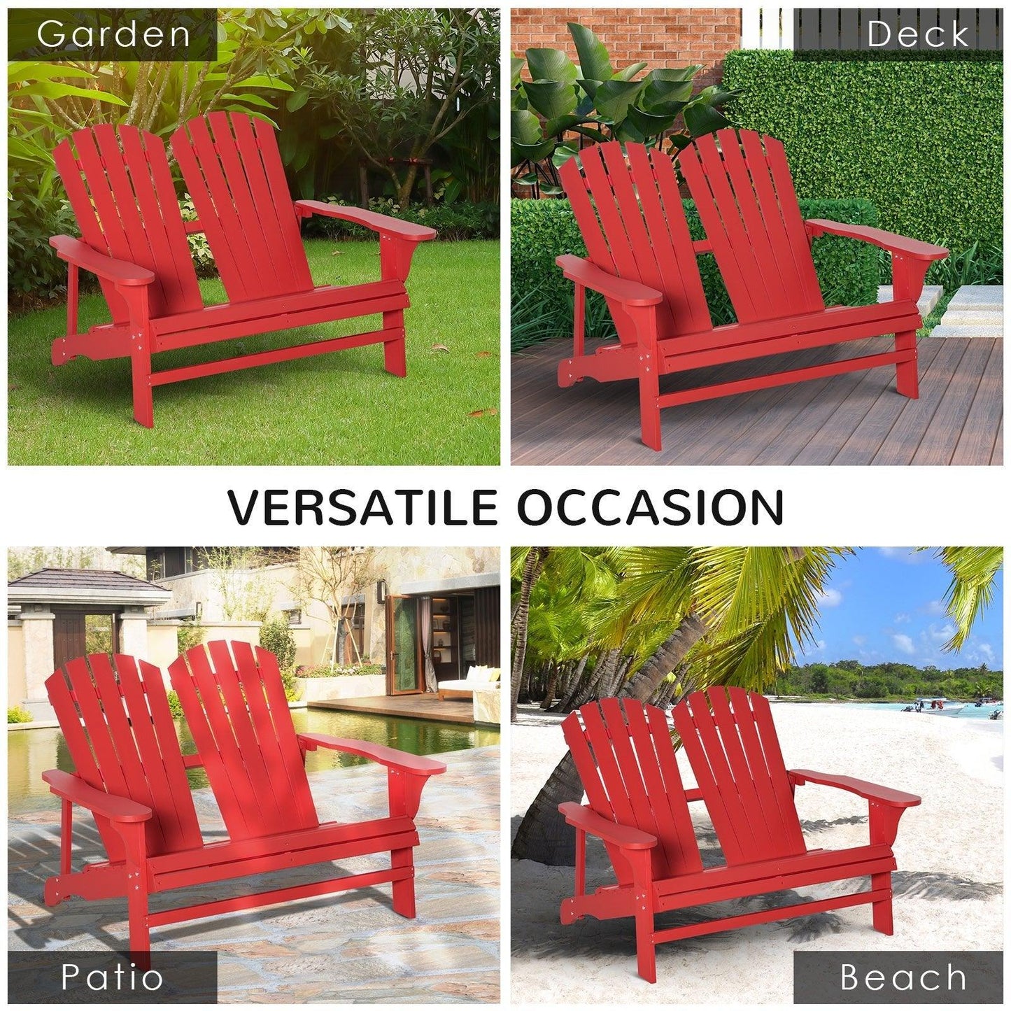 Outdoor and Garden-Outdoor Adirondack Chair, Wooden Loveseat Bench, Lounger Armchair with Flat Back for Garden, Deck, Patio, Fire Pit, Red - Outdoor Style Company