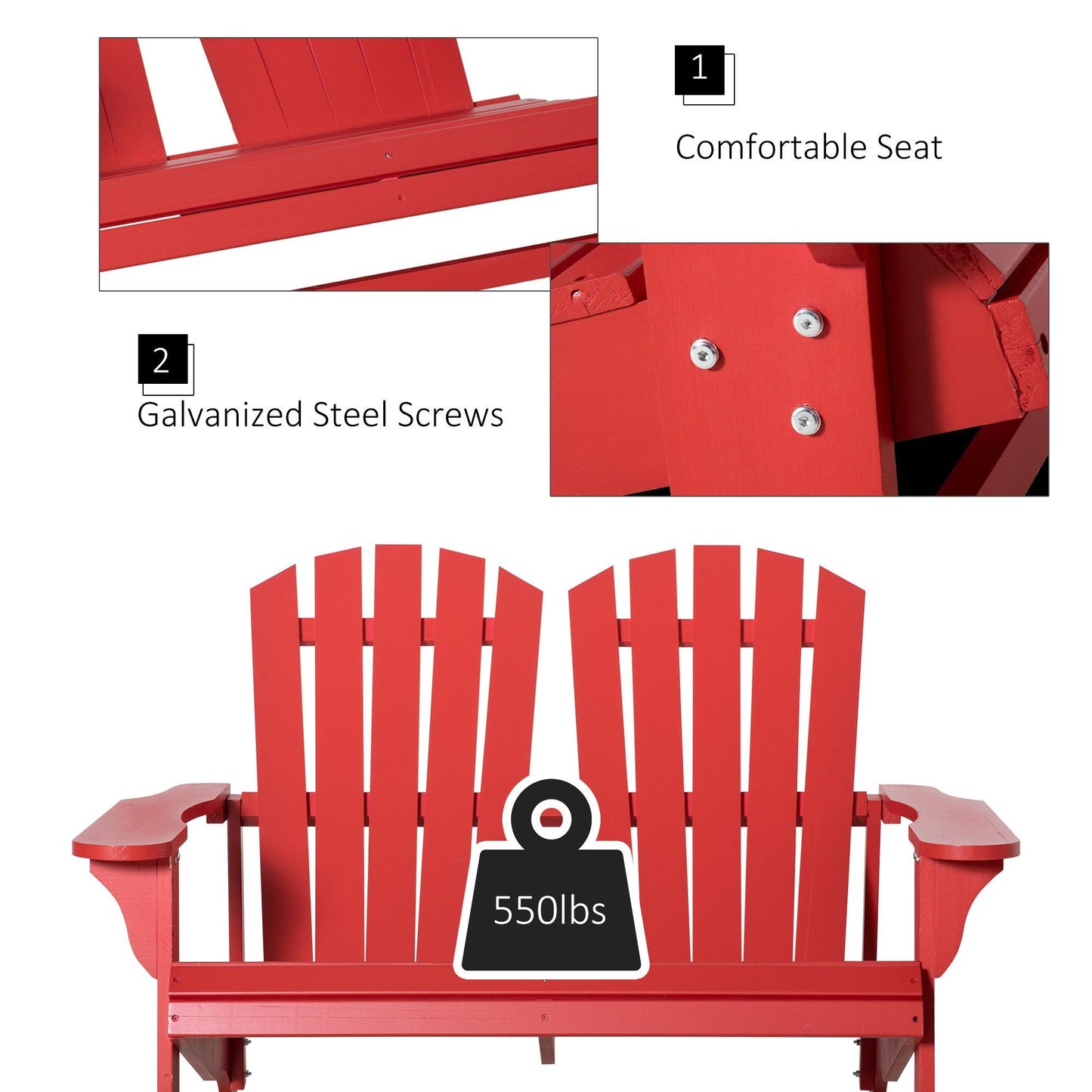 Outdoor and Garden-Outdoor Adirondack Chair, Wooden Loveseat Bench, Lounger Armchair with Flat Back for Garden, Deck, Patio, Fire Pit, Red - Outdoor Style Company