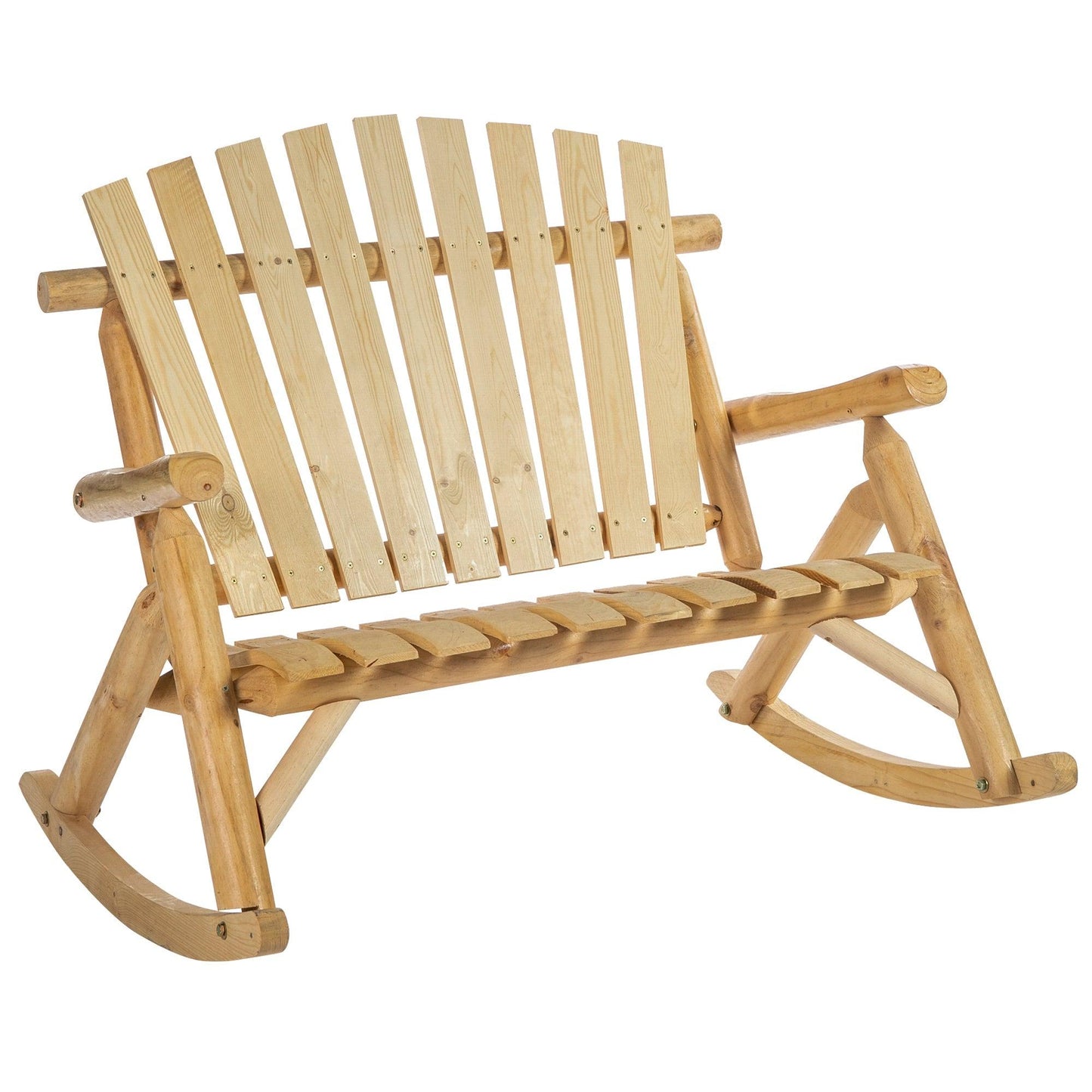 Outdoor and Garden-Outdoor Adirondack Rocking Chair with Log Slatted Design, 2-Seat Patio Wooden Rocker Loveseat with High Back for Lawn, Burlywood - Outdoor Style Company