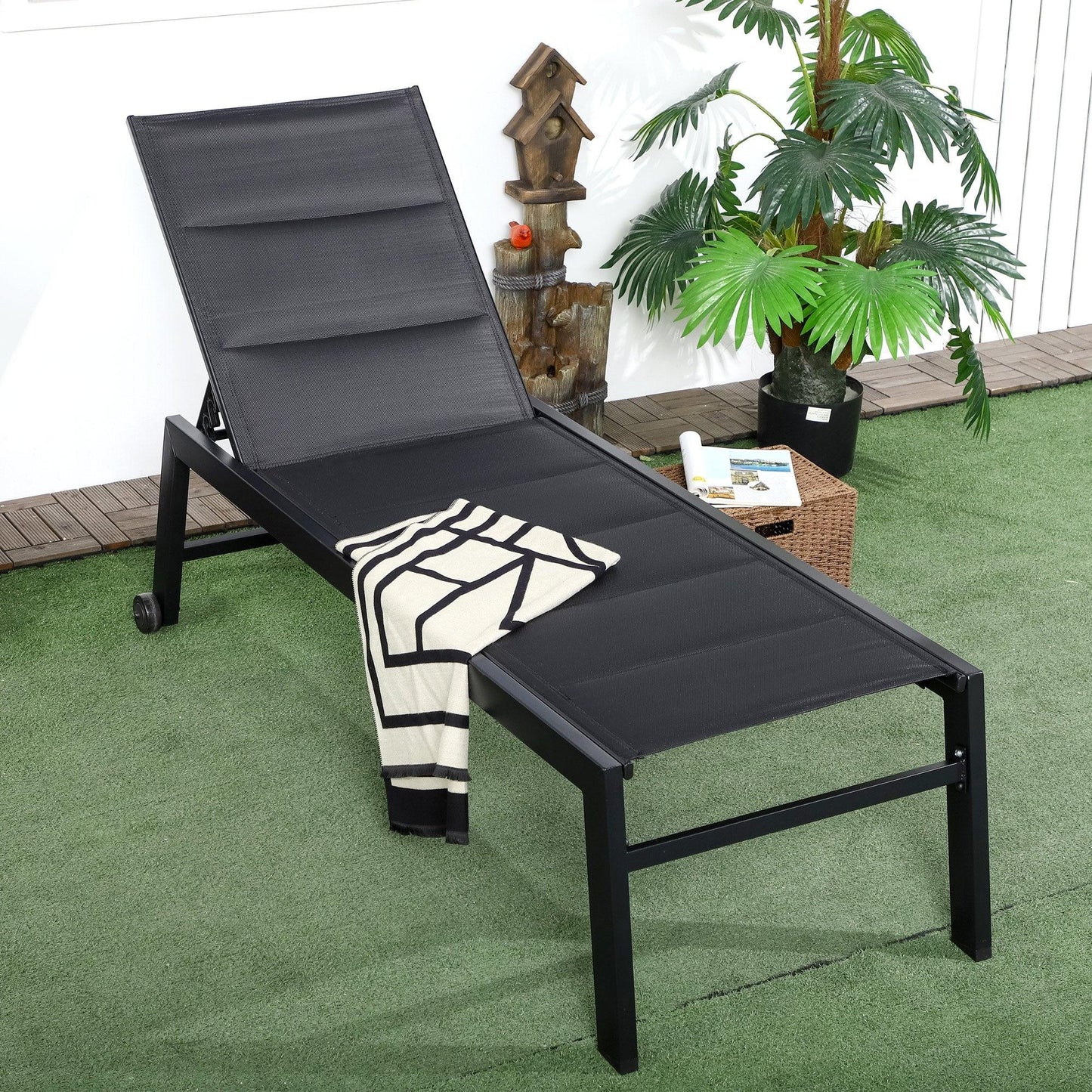 Outdoor and Garden-Outdoor Chaise Lounge Chair, Pool & Sun Tanning Chair with 5-Level Reclining Back, Wheels, Thick Iron Frame & Sling Fabric for Beach - Black - Outdoor Style Company