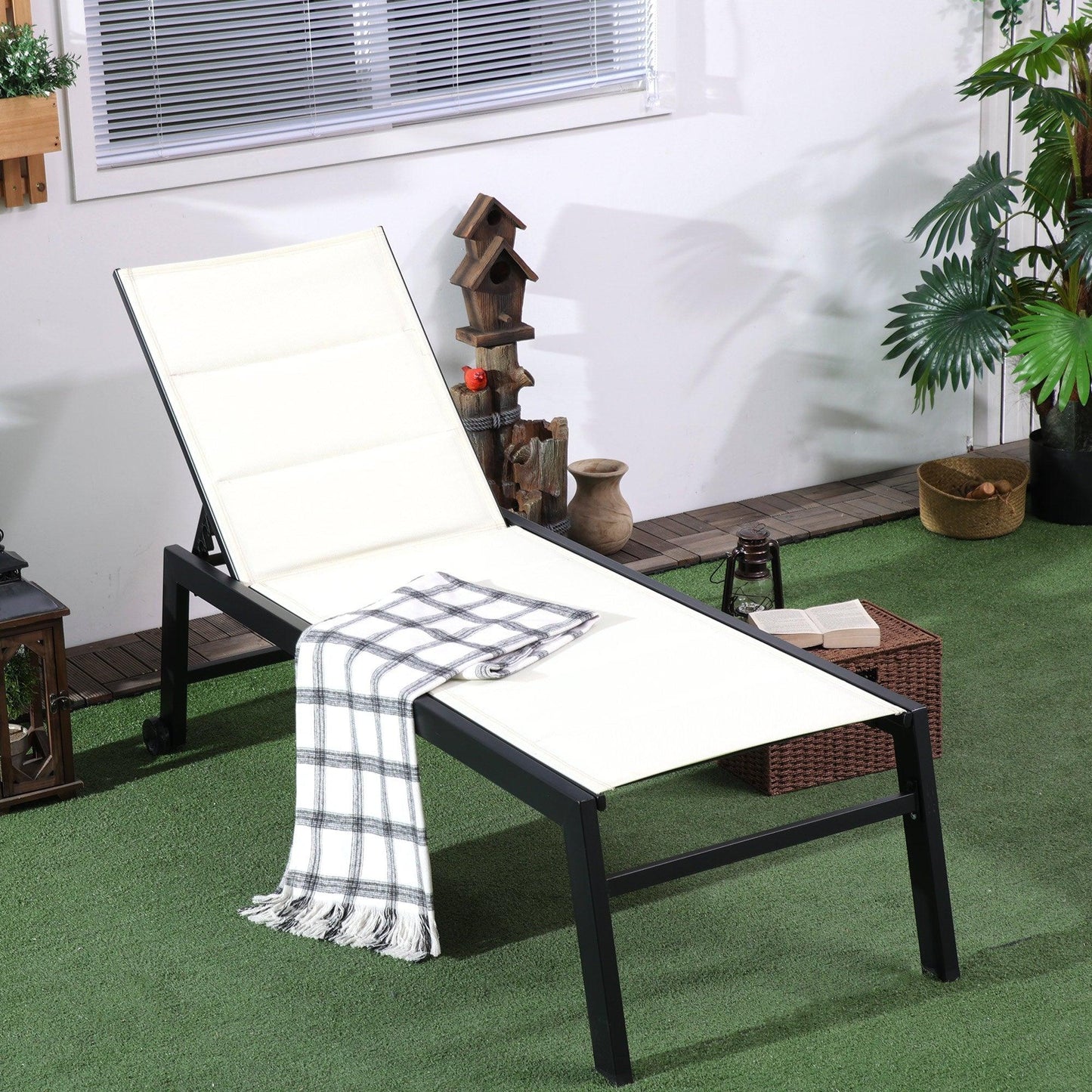 Outdoor and Garden-Outdoor Chaise Lounge Chair, Pool & Sun Tanning Chair with Five-Position Reclining Back, Wheels, Thick Iron Frame & Sling Fabric for Beach - Cream White - Outdoor Style Company