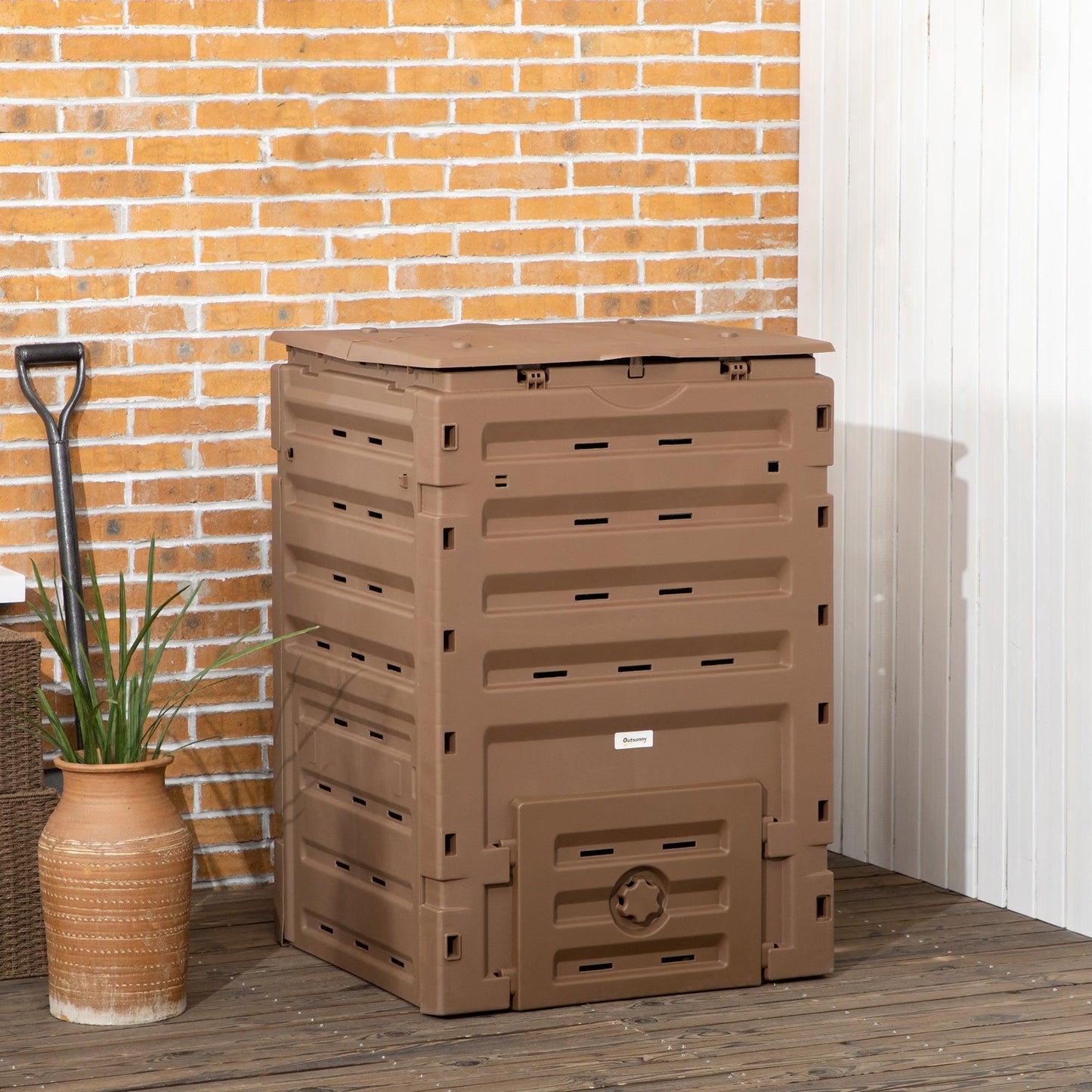 Outdoor and Garden-Outdoor Compost Bin, 120 Gallon (450L) Garden Composter with 80 Vents and 2 Sliding Doors, Fast Creation of Fertile Soil, Brown - Outdoor Style Company