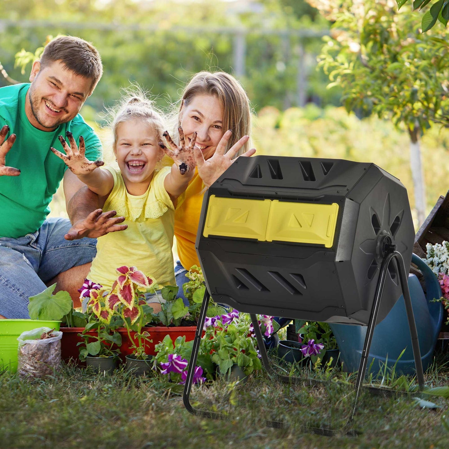 Outdoor and Garden-Outdoor Compost Tumbler Bin, Garden Composter, 360° Dual Chamber Rotating Composter 43 Gallon for Patio, Yellow/Black - Outdoor Style Company