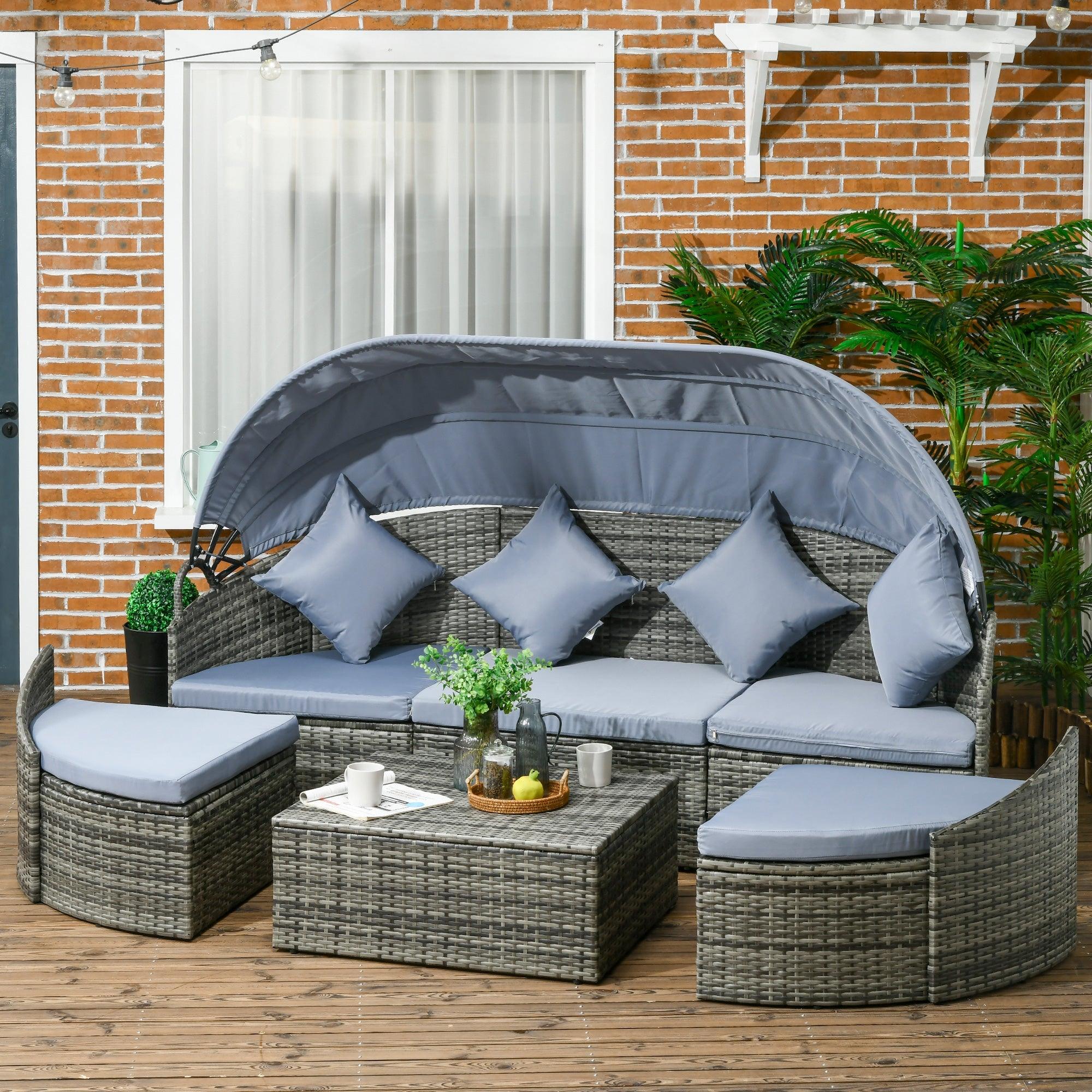 Outdoor Light Rattan Daybed Outdoor Day Bed with Canopy, Convertible Rattan Daybed Sectional, Ligh