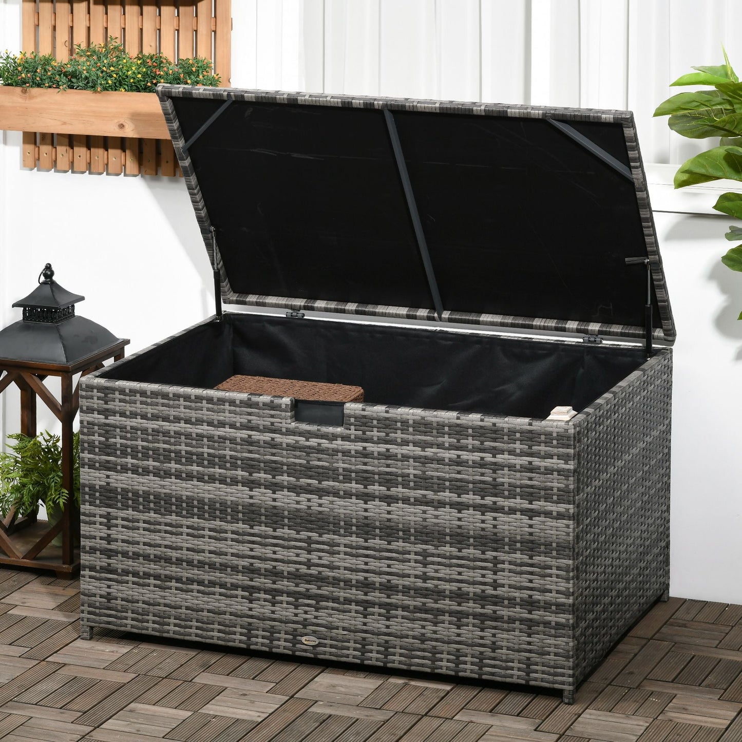 Outdoor and Garden-Outdoor Deck Box, PE Rattan Wicker with Liner, Hydraulic Lift & Handle for Indoor, Outdoor, Patio Furniture, Pool, Toys, Garden Tools, Gray - Outdoor Style Company