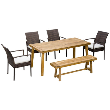 Outdoor and Garden-Outdoor Dining Set, Patio Table and Chairs Set of 6, PE Wicker Seats, Armrests, Acacia Wood Loveseat Bench & Dinner Table, Cushions, White - Outdoor Style Company