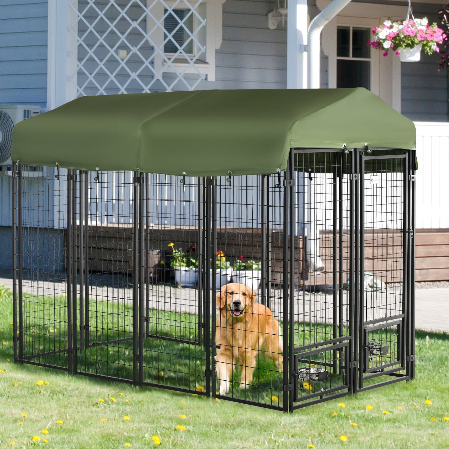 Outdoor and Garden-Outdoor Dog Kennel, Lockable Pet Playpen Crate, Welded Wire Steel Fence Dog Pan with Water/UV-Resistant Canopy, Rotating Bowl Holders & Door - Outdoor Style Company
