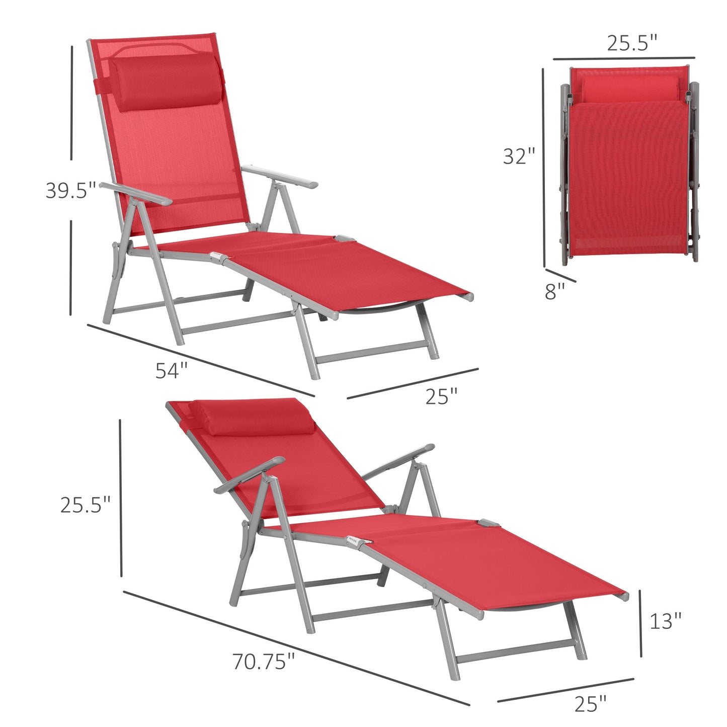 Outdoor and Garden-Outdoor Folding Chaise Lounge Chair, Portable Lightweight Reclining Sun Lounger with 7-Position Adjustable Backrest & Pillow for Patio, Red - Outdoor Style Company