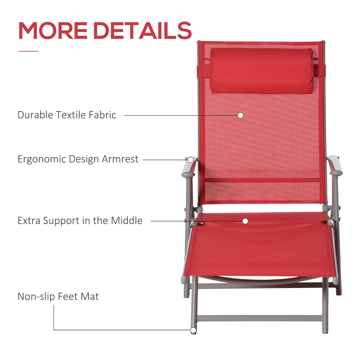 Outdoor and Garden-Outdoor Folding Chaise Lounge Chair, Portable Lightweight Reclining Sun Lounger with 7-Position Adjustable Backrest & Pillow for Patio, Red - Outdoor Style Company