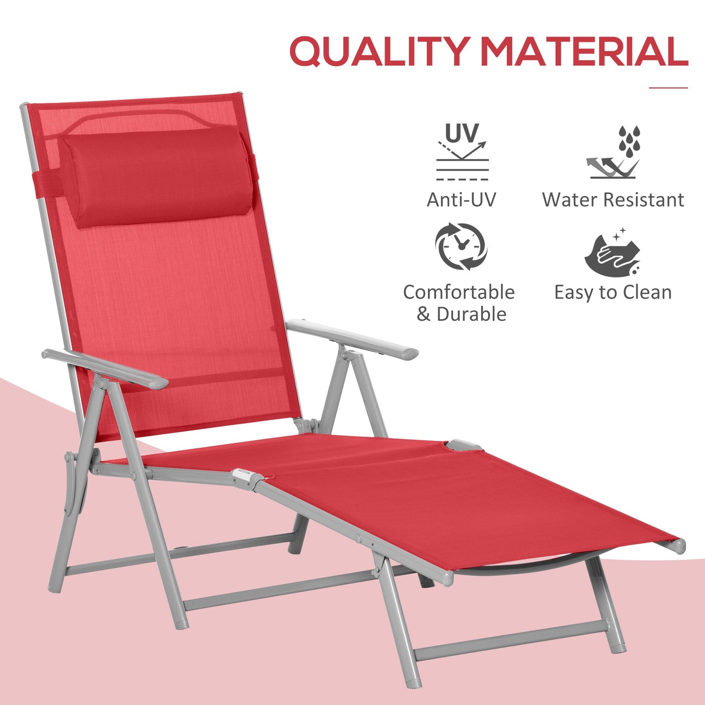 Outdoor and Garden-Outdoor Folding Chaise Lounge Chair, Portable Lightweight Reclining Sun Lounger with 7-Position Adjustable Backrest & Pillow for Patio, Red - Outdoor Style Company