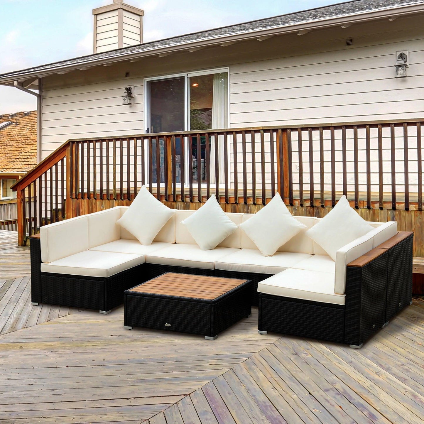 Outdoor and Garden-Outdoor Furniture Rattan Sofas ,7 Pieces, Wicker Patio Set, with Coffee Table & Cushion for Garden, Backyard, Beige - Outdoor Style Company