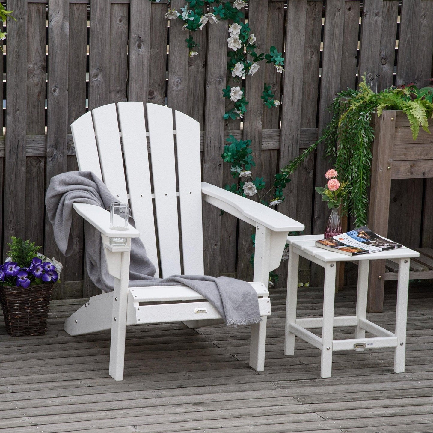 Outdoor and Garden-Outdoor HDPE Adirondack Deck Chair, Plastic Lounger with Cup Holder, High Back and Wide Seat, White - Outdoor Style Company