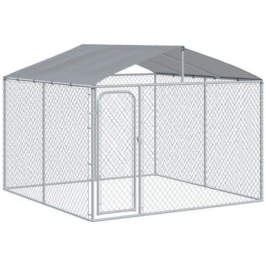 Outdoor and Garden-Outdoor Metal Dog Kennel, Pet Playpen with Steel Lock, Mesh Sidewalls and Cover for Backyard & Patio, 9.8' x 9.8' x 7.7' - Outdoor Style Company