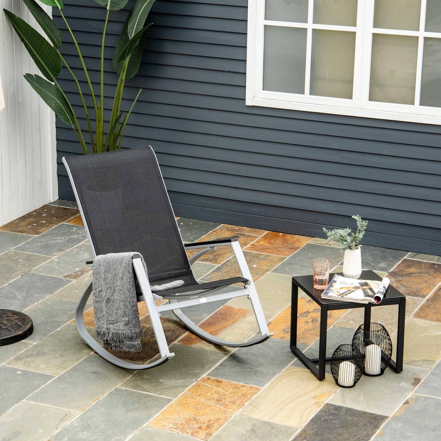 Outdoor and Garden-Outdoor Modern Front Porch Patio Rocking Sling Chair - Black / Silver - Outdoor Style Company