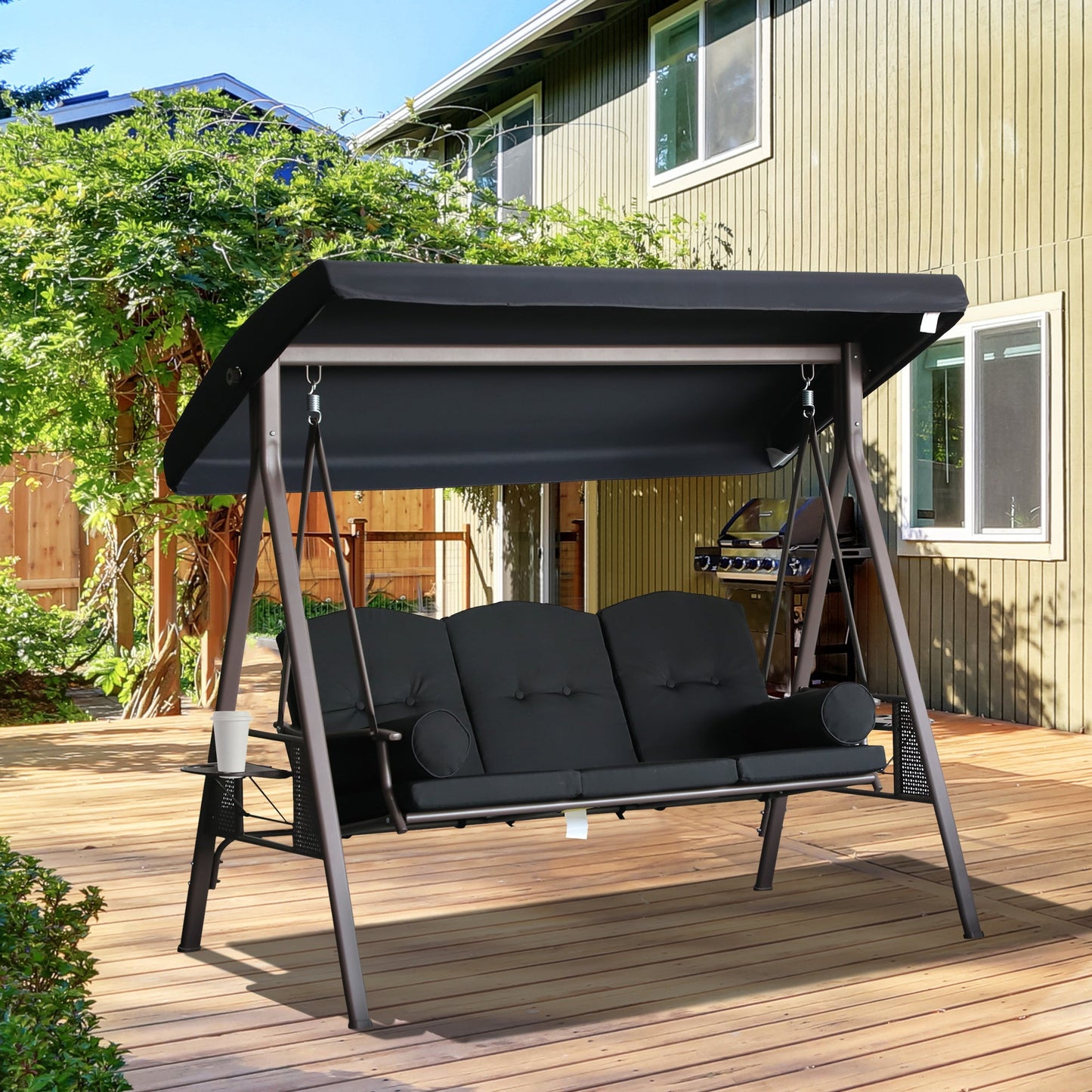 Outdoor and Garden-Outdoor Patio 3-Person Steel Canopy Cushioned Seat Bench Swing with Included Side Trays & Padded Comfort, Black - Outdoor Style Company