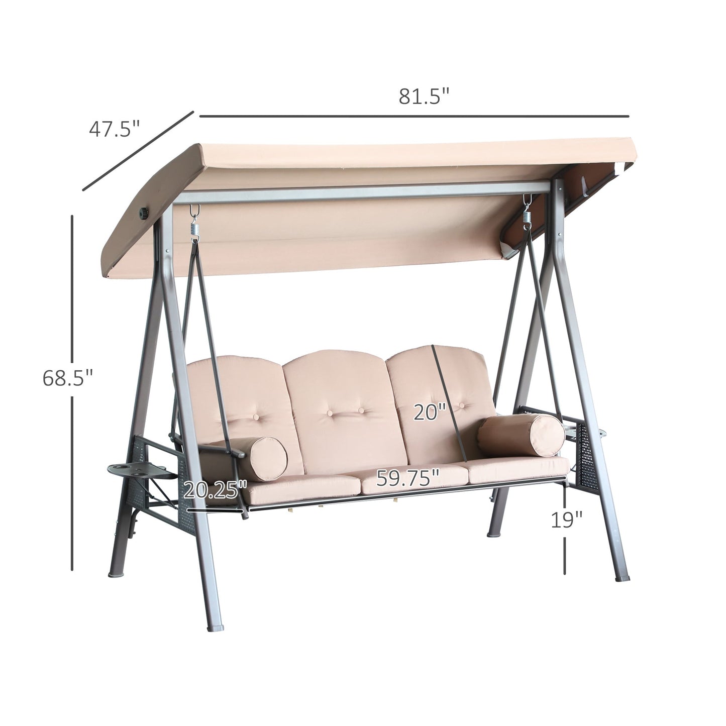 Outdoor and Garden-Outdoor Patio 3-Person Steel Canopy Cushioned Seat Bench Swing with Included Side Trays & Padded Comfort, Brown - Outdoor Style Company