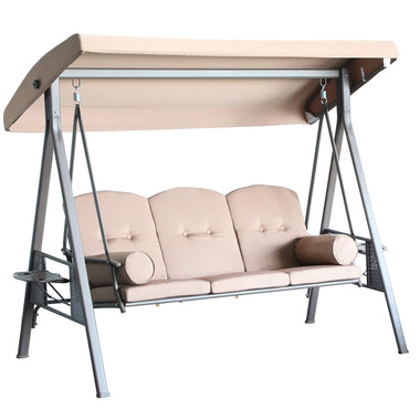 Outdoor and Garden-Outdoor Patio 3-Person Steel Canopy Cushioned Seat Bench Swing with Included Side Trays & Padded Comfort, Brown - Outdoor Style Company