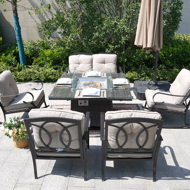 -Outdoor Patio Wicker Seating Set with Square Fire Pit Table and Cushions - Outdoor Style Company
