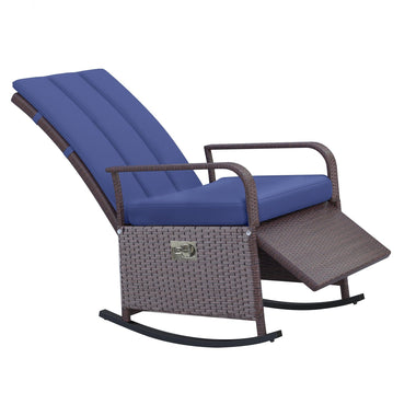 Outdoor and Garden-Outdoor Rattan Wicker Rocking Chair Patio Recliner with Soft Cushion, Adjustable Footrest, Max. 135 Degree Backrest, Blue - Outdoor Style Company