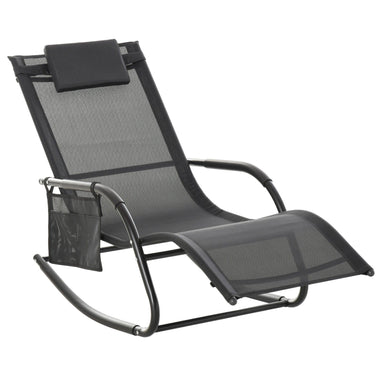 Outdoor and Garden-Outdoor Rocking Chair, Patio Sling Sun Lounger, Pocket, Recliner Rocker, Lounge Chair with Detachable Pillow for Deck, Garden or Pool, Black - Outdoor Style Company
