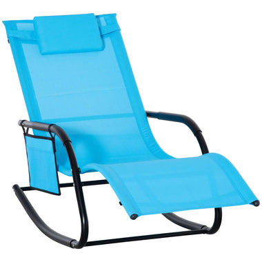 Outdoor and Garden-Outdoor Rocking Chair, Patio Sling Sun Lounger, Pocket, Recliner Rocker, Lounge Chair with Detachable Pillow for Deck, Garden or Pool, Blue - Outdoor Style Company