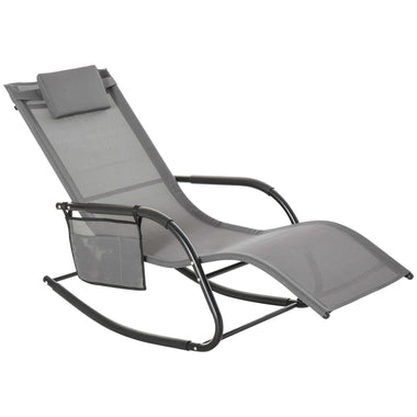 Outdoor and Garden-Outdoor Rocking Chair, Patio Sling Sun Lounger, Pocket, Recliner Rocker, Lounge Chair with Detachable Pillow for Deck, Garden or Pool, Grey - Outdoor Style Company