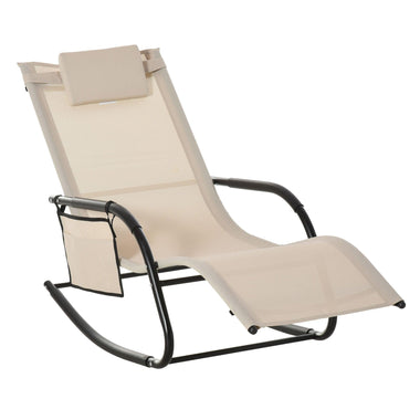 Outdoor and Garden-Outdoor Rocking Chair, Patio Sling Sun Lounger, Recliner Rocker, Lounge Chair with Detachable Pillow for Deck, Garden or Pool, Cream White - Outdoor Style Company