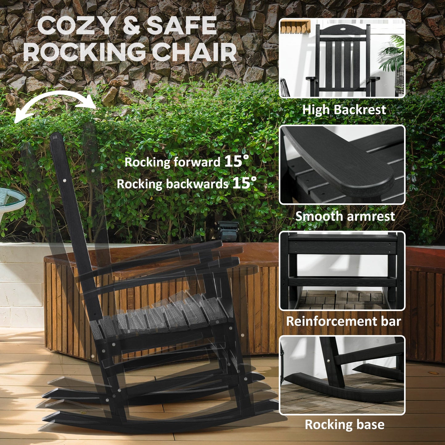 Outdoor and Garden-Outdoor Rocking Chairs, Traditional Porch Rocker, Fade-Resistant HDPE Rocker Chair with Slatted Design for Outdoor & Indoor Use, Black - Outdoor Style Company