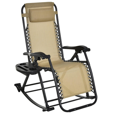 Outdoor and Garden-Outdoor Rocking Chairs Zero Gravity Rocking Chair w/ Removable Headrest, Side Tray, Cup & Phone Holder, Beige - Outdoor Style Company