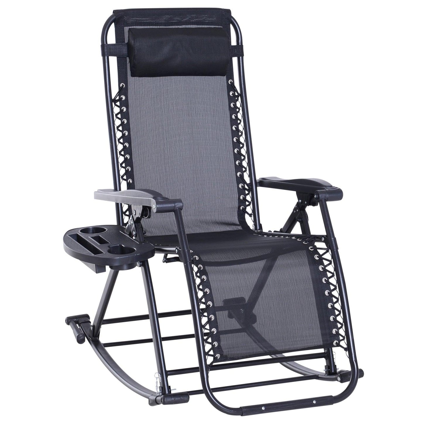 Outdoor and Garden-Outdoor Rocking Chairs Zero Gravity Rocking Chair w/ Removable Headrest, Side Tray, Cup & Phone Holder, Black - Outdoor Style Company