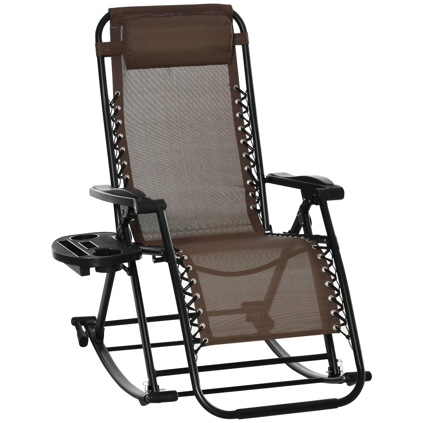 Outdoor and Garden-Outdoor Rocking Chairs Zero Gravity Rocking Chair w/ Removable Headrest, Side Tray, Cup & Phone Holder, Brown - Outdoor Style Company