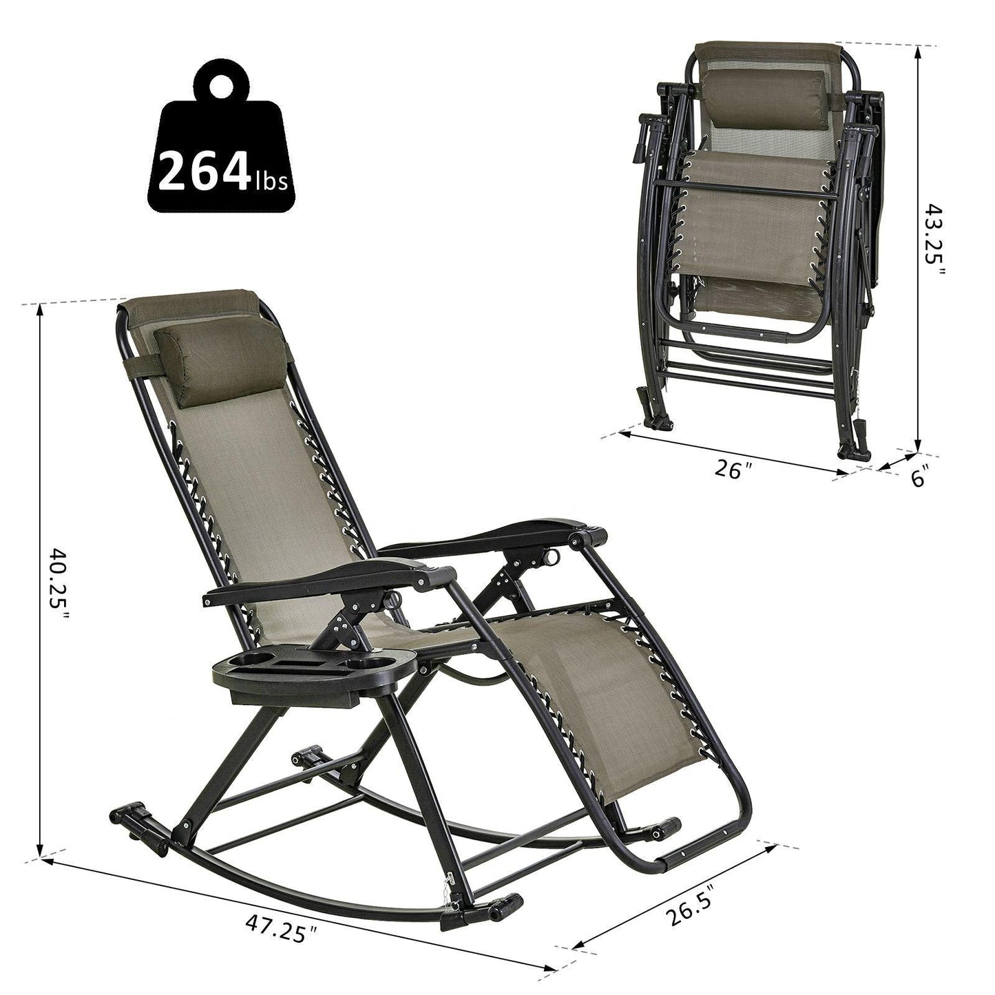 Outdoor and Garden-Outdoor Rocking Chairs Zero Gravity Rocking Chair w/ Removable Headrest, Side Tray, Cup & Phone Holder, Grey - Outdoor Style Company