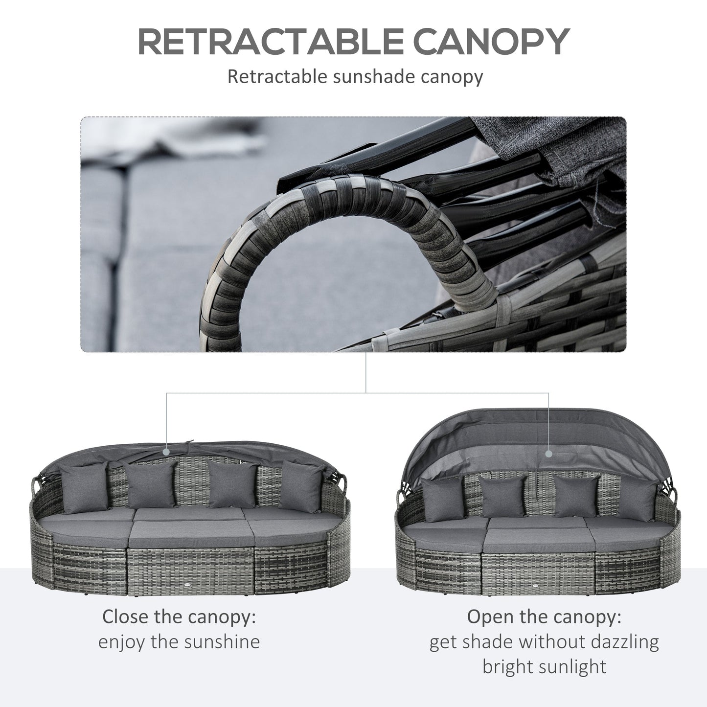 Outdoor and Garden-Outdoor Round Daybed 4 Pieces Wicker Outdoor Rattan Sofa with Canopy, Cushions, Pillows Patio Bed Sets for Lawn, Garden, Poolside, Grey - Outdoor Style Company