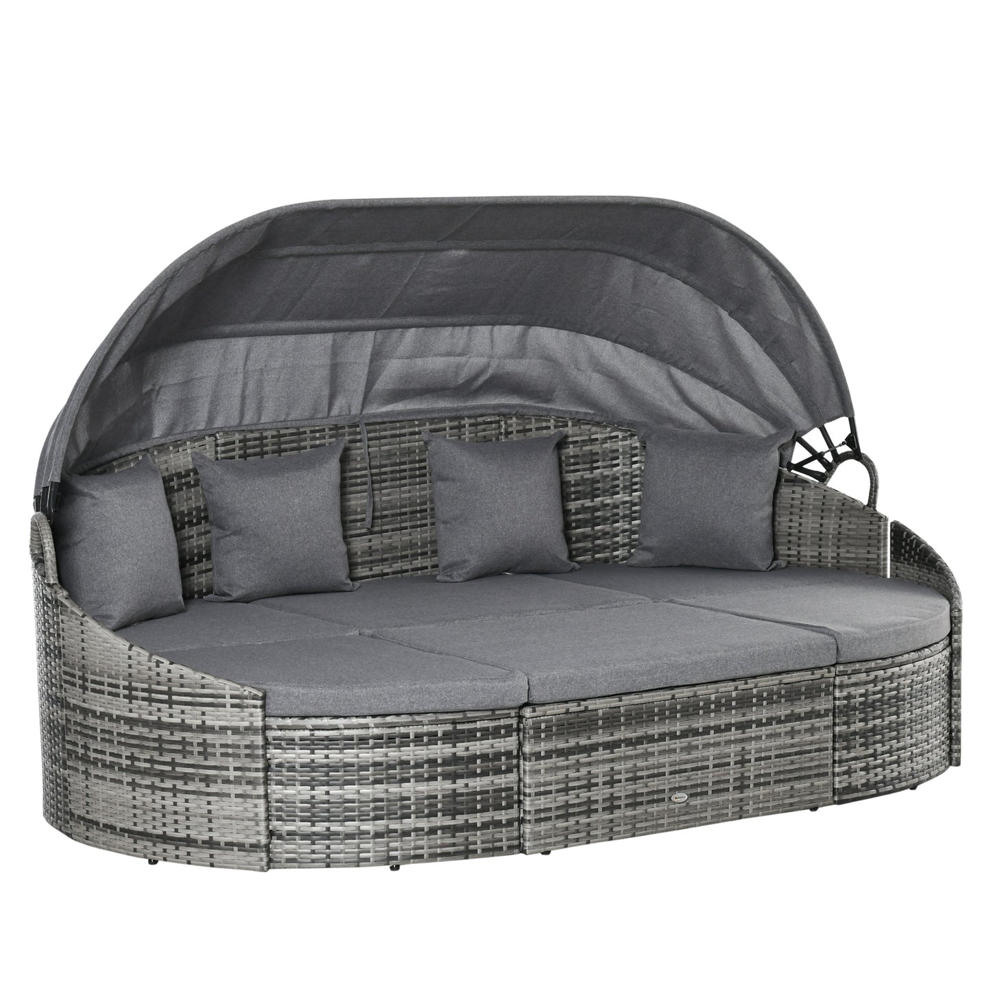 Outdoor and Garden-Outdoor Round Daybed 4 Pieces Wicker Outdoor Rattan Sofa with Canopy, Cushions, Pillows Patio Bed Sets for Lawn, Garden, Poolside, Grey - Outdoor Style Company