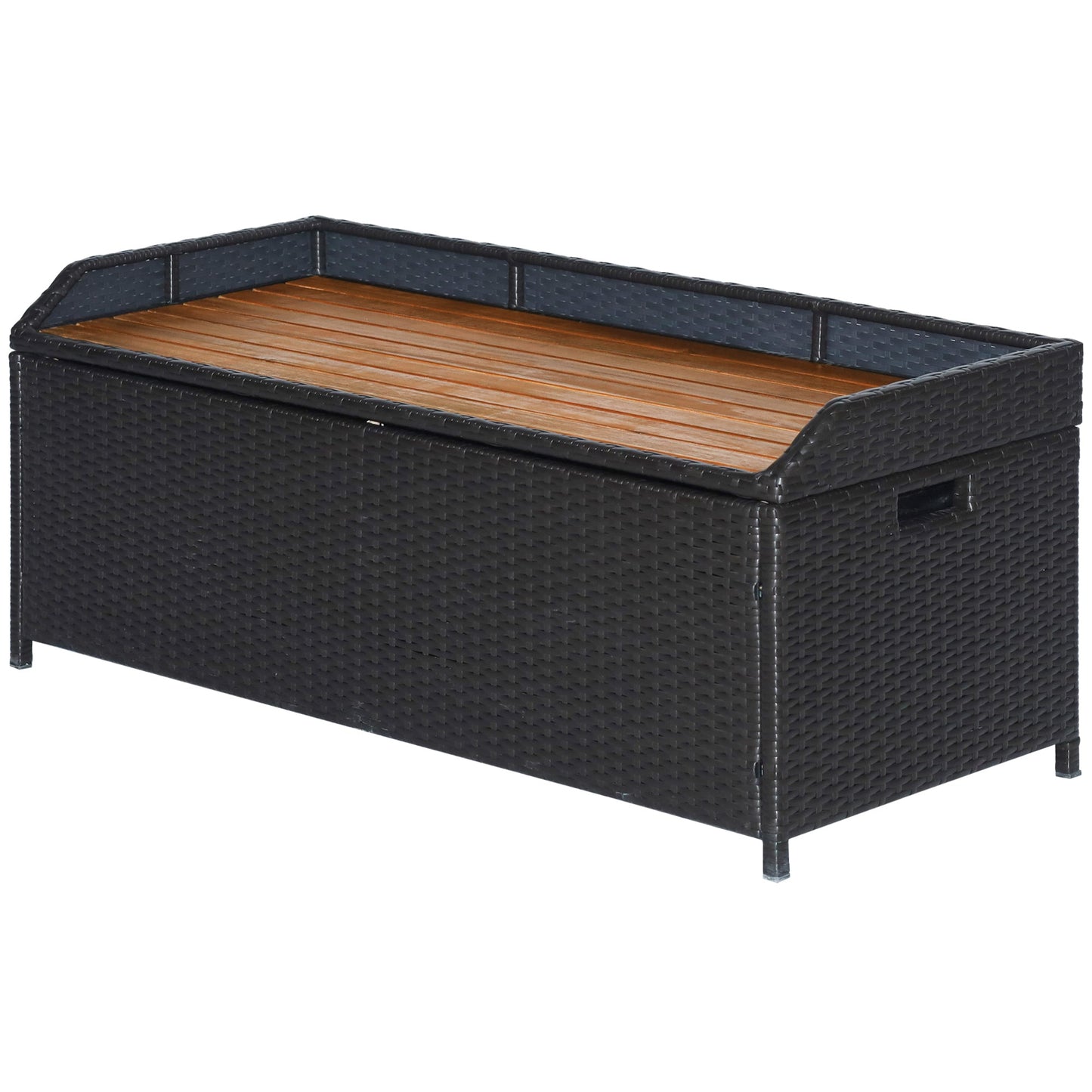 Outdoor and Garden-Outdoor Storage Bench Patio Wicker Furniture with Wooden Seat, Gas Spring, Rattan Container Bin with Lip, Ideal for Storing Tools, Black - Outdoor Style Company