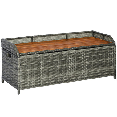 Outdoor and Garden-Outdoor Storage Bench Wicker Deck Boxes with Wooden Seat, Gas Spring, Rattan Container Bin with Lip, Ideal for Storing Tools, Mixed Grey - Outdoor Style Company
