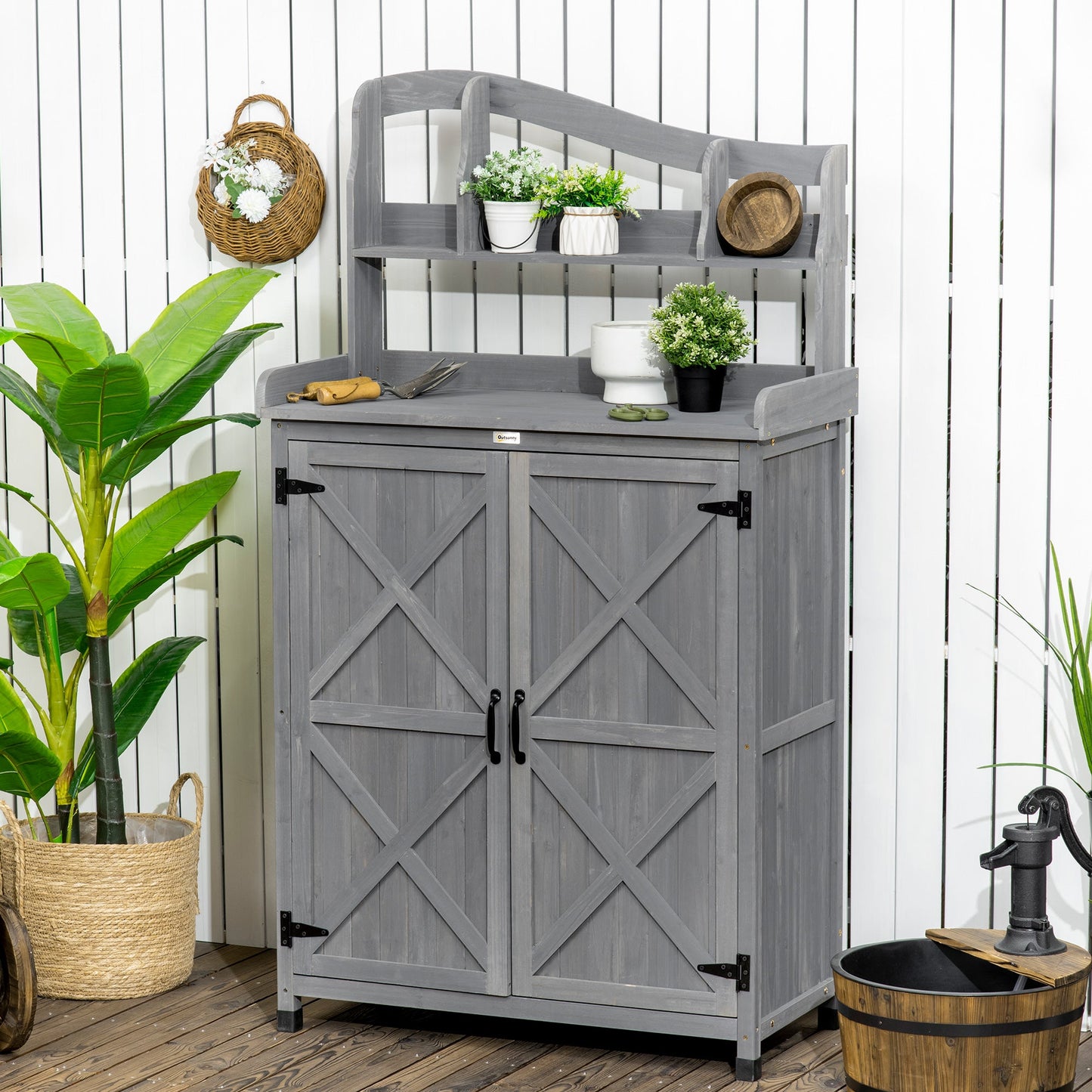 Outdoor and Garden-Outdoor Storage Cabinet & Potting Table, Wooden Gardening Bench with Patio Cabinet and Magnetic Doors, Grey - Outdoor Style Company