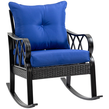 Outdoor and Garden-Outdoor Wicker Rocking Chair with Padded Cushions, Aluminum Furniture Rattan Porch Rocker Chair w/ Armrest for Garden, Patio & Backyard, Blue - Outdoor Style Company
