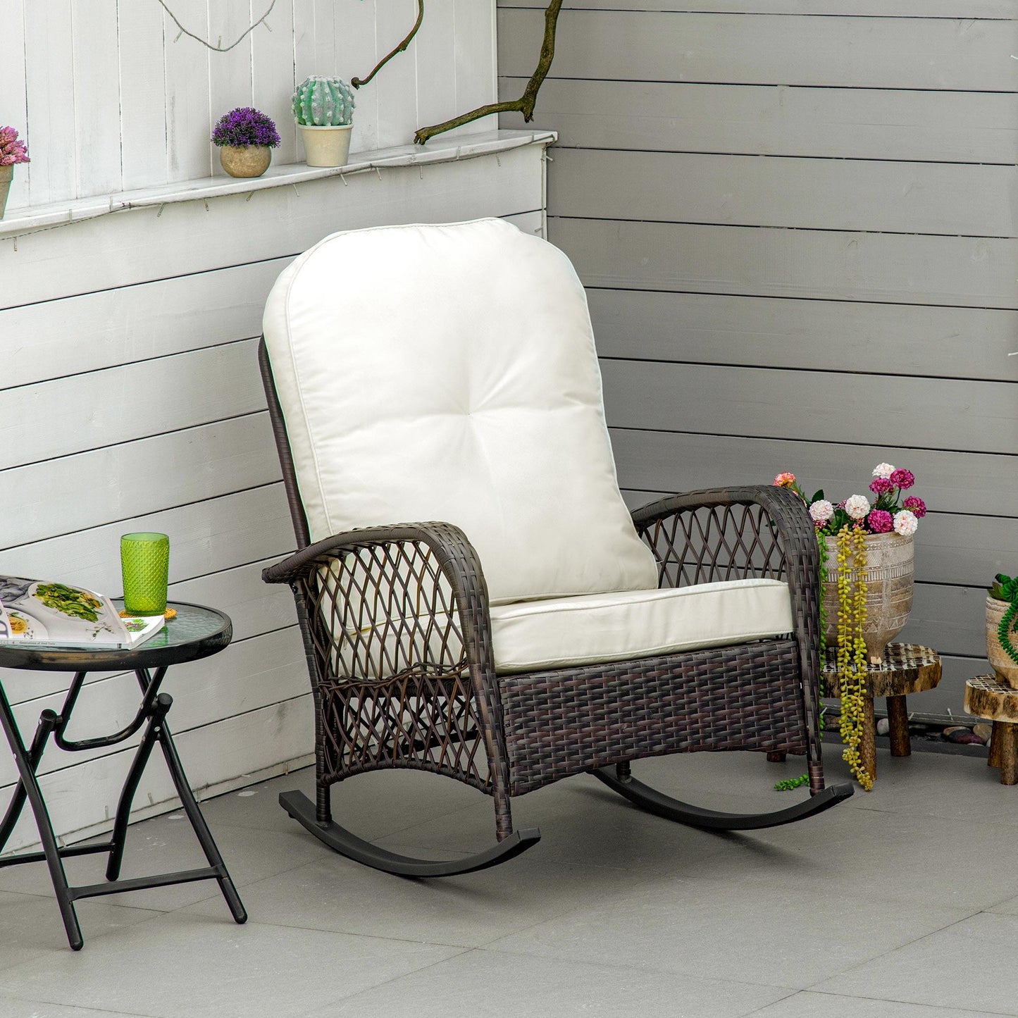 Outdoor and Garden-Outdoor Wicker Rocking Chair with Widen Seat, Thickened Cushion, Rattan Rocker with Steel Frame, High Weight Capacity for Patio, Cream White - Outdoor Style Company