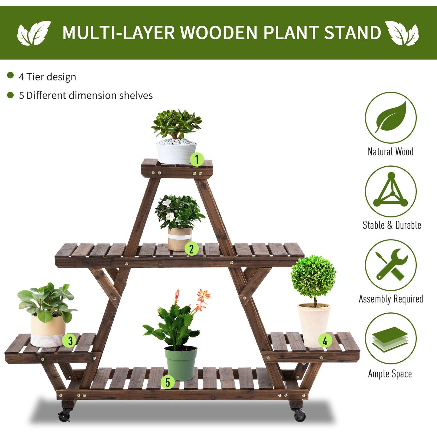 -Outsunny 56'' x 14'' x 41'' 4 Tier Wooden Plant Stand with Removable Wheels Large Display Capacity & Wood Build Brown - Outdoor Style Company