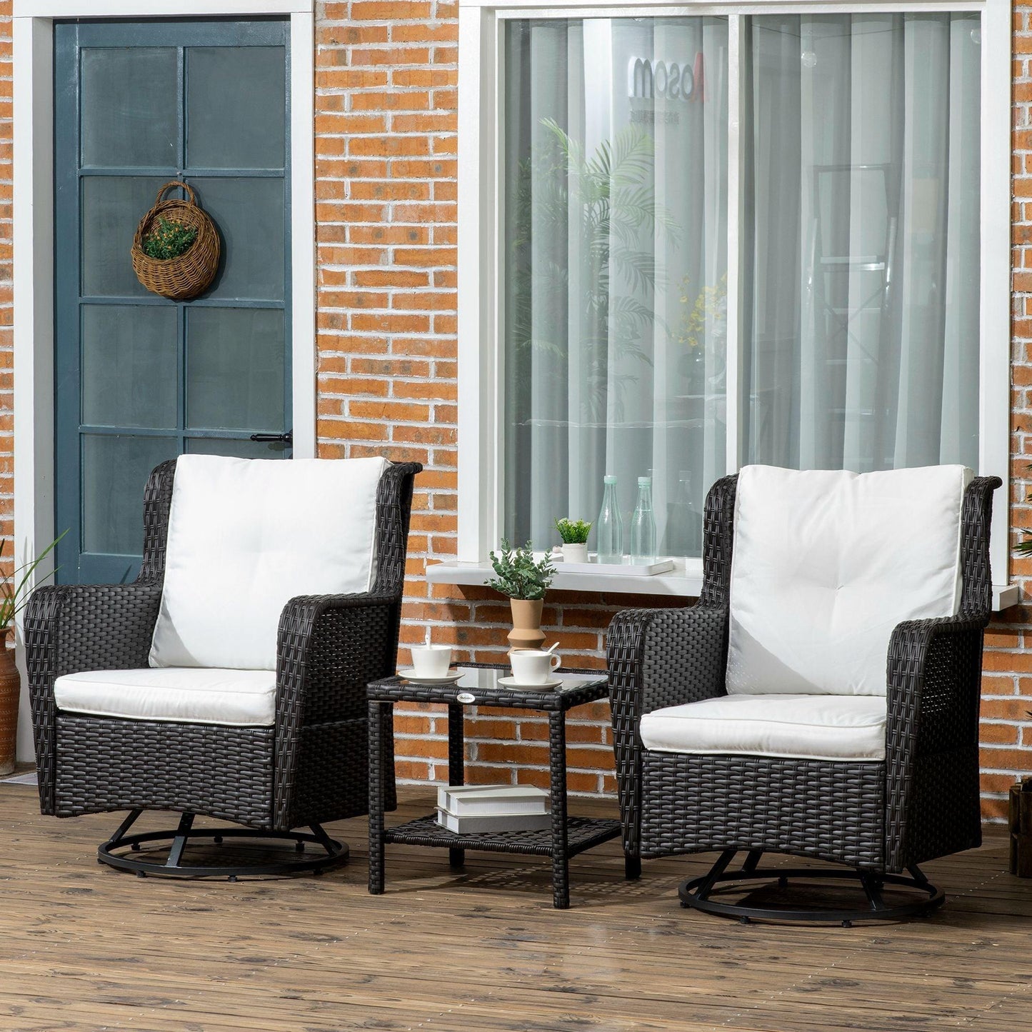 Outdoor and Garden-Patio Bistro Set, Porch Furniture with 360° Rotation & Rocking Function, 28.25"x30.75"x36.25", Cream White - Outdoor Style Company