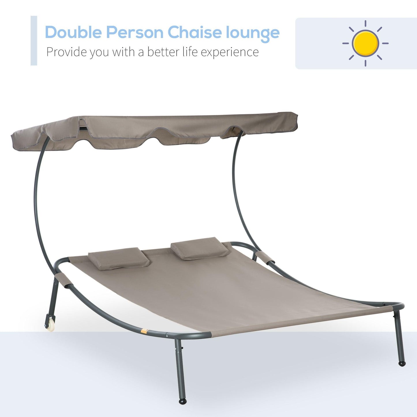 Outdoor and Garden-Patio Double Chaise Lounge Outdoor with Adjustable Canopy and Pillow, Wheeled Hammock Bed for Sun Room, Garden, Poolside, Brown - Outdoor Style Company