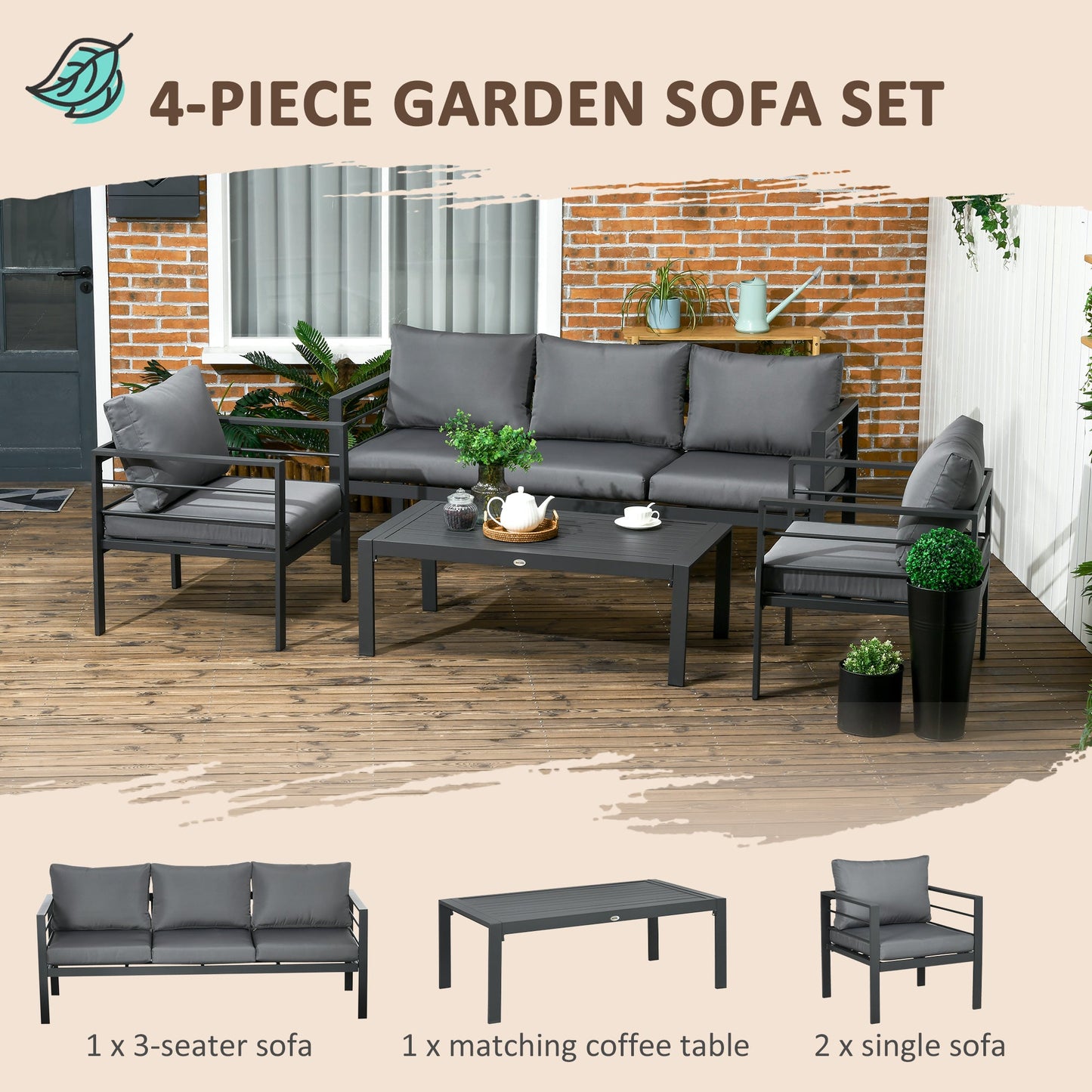 Outdoor and Garden-Patio Furniture Set 4 Pieces, Outdoor Conversation Set with Water-Resistant Cushions, Coffee Table, 3-Seater Sofa, 2 Chairs - Outdoor Style Company