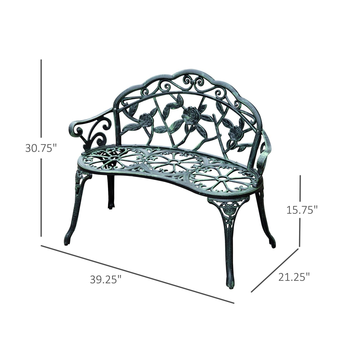 Outdoor and Garden-Patio Garden Bench Chair, Outdoor Loveseat with Floral Rose Style, Cast Aluminum Frame - Outdoor Style Company