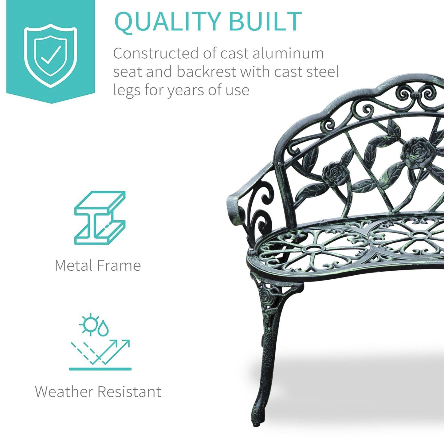 Outdoor and Garden-Patio Garden Bench Chair, Outdoor Loveseat with Floral Rose Style, Cast Aluminum Frame - Outdoor Style Company