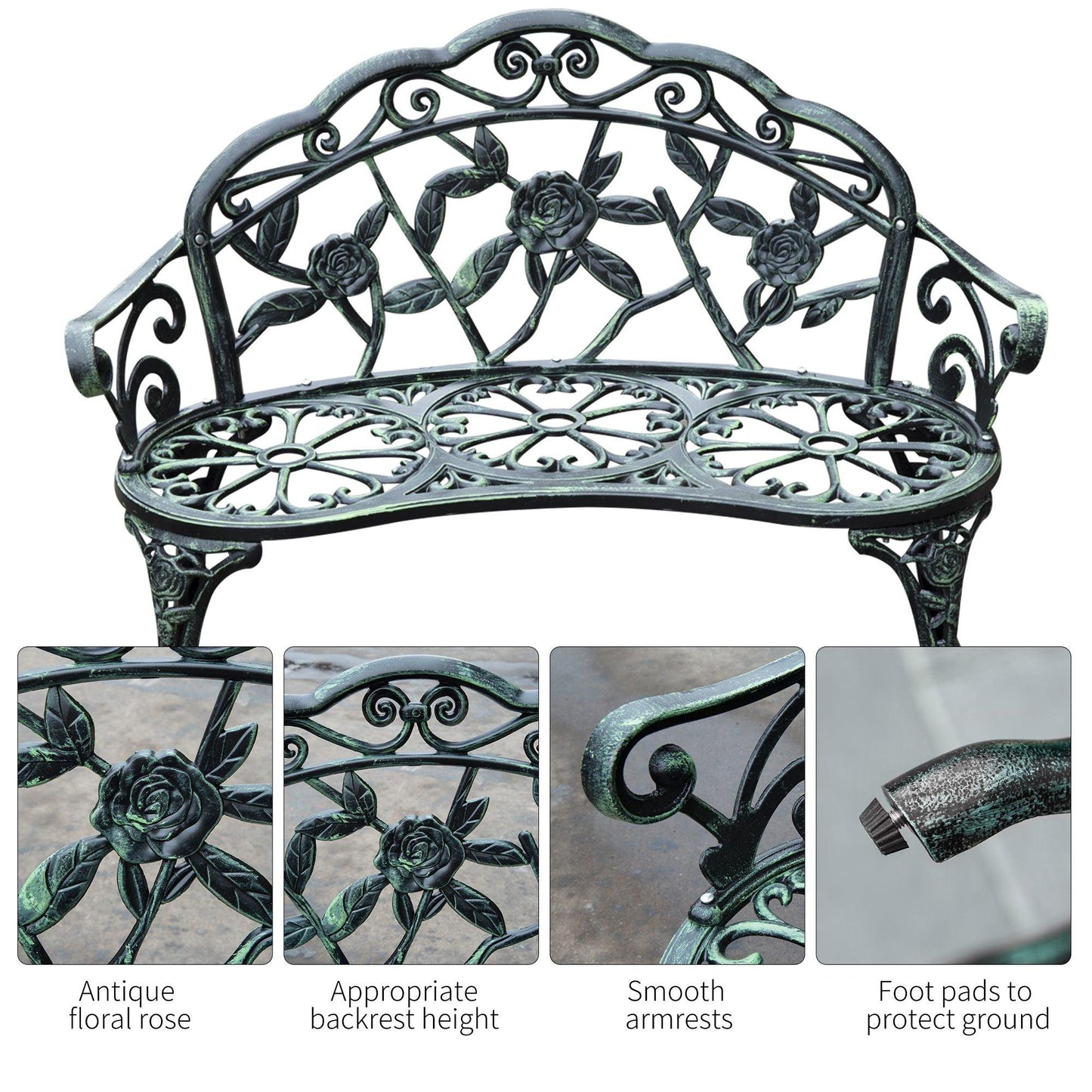 Outdoor and Garden-Patio Garden Bench Chair, Outdoor Loveseat with Floral Rose Style, Cast Aluminum Frame - Outdoor Style Company