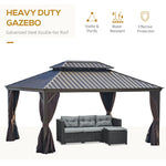 Outdoor and Garden-Patio Gazebo 16' x 12' Netting & Curtains, 2 Tier Double Vented Steel Roof, Hardtop, Ceiling Hooks Aluminum Frame for Outdoor, Brown - Outdoor Style Company