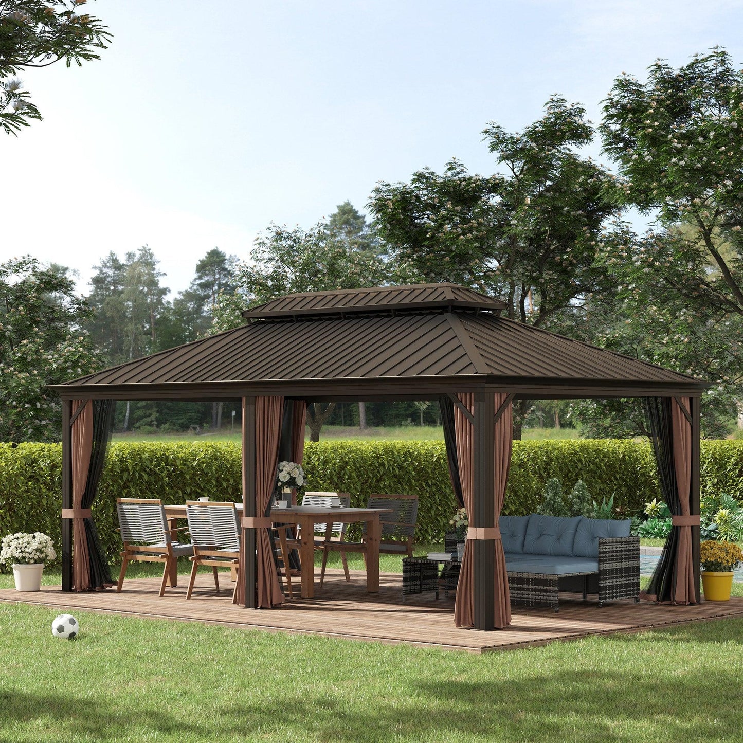 Outdoor and Garden-Patio Gazebo 20' x 12' Netting & Curtains, 2 Tier Double Vented Steel Roof, Hardtop, Rust Proof Aluminum Frame for Outdoor, Gardens, Coffee - Outdoor Style Company