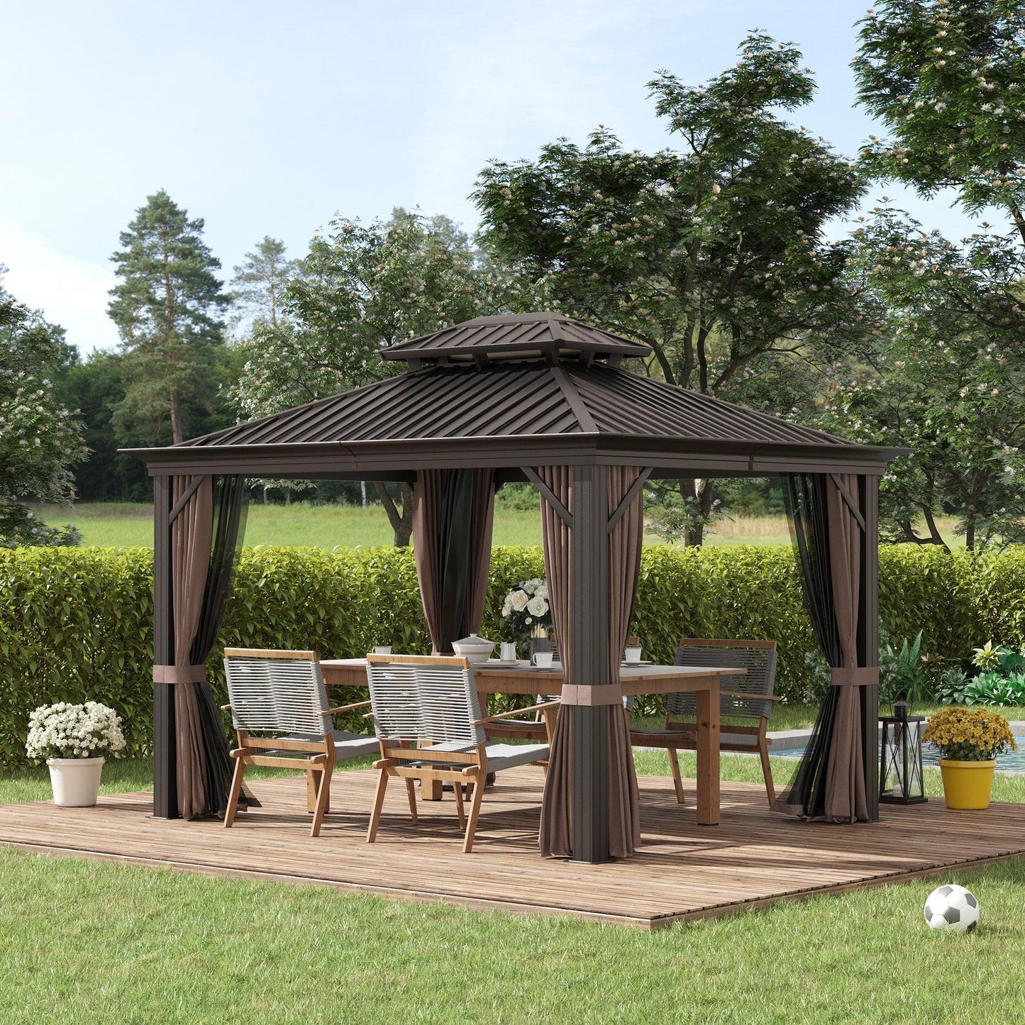 Outdoor and Garden-Patio Gazebo 20' x 12', Netting & Curtains, Double Vented Steel Roof, Permanent Hardtop, Aluminum Frame for Outdoor, Lawns, Dark Brown - Outdoor Style Company