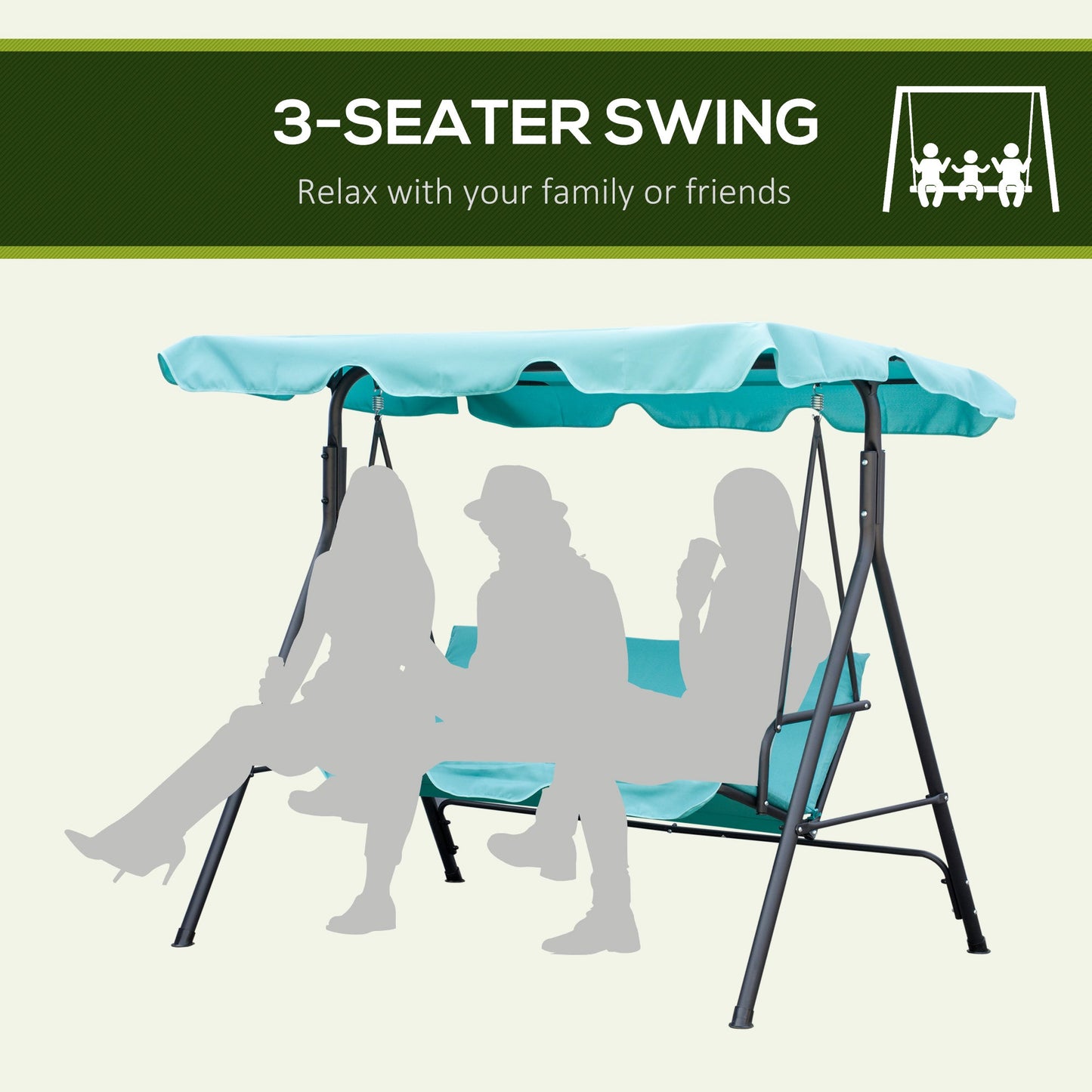 Outdoor and Garden-Patio Porch Swing Chair with Adjustable Canopy, Seats 3 Adults, Steel Frame, Armrests, Green - Outdoor Style Company